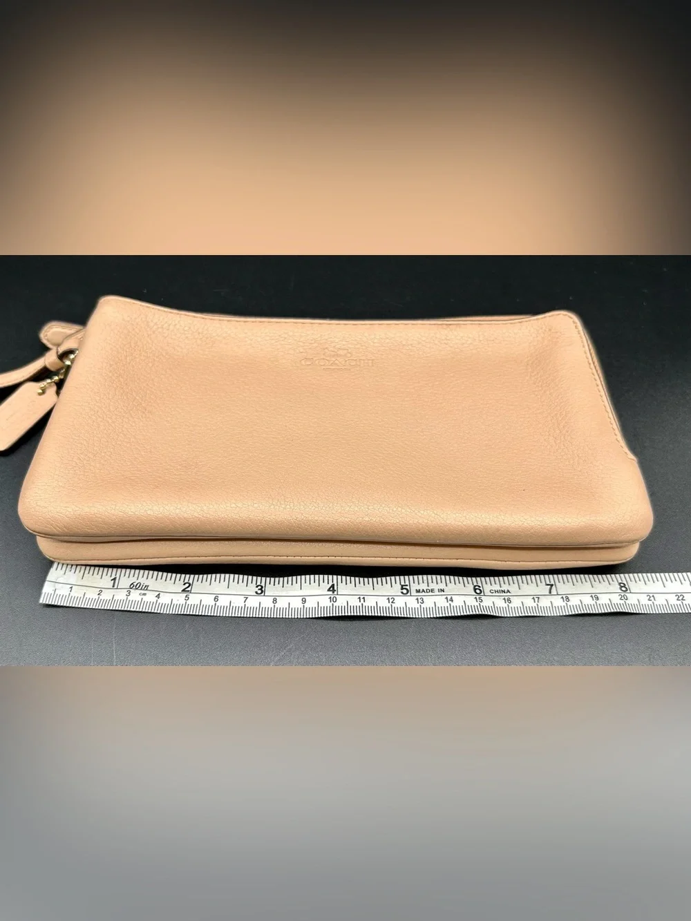 COACH Pebble Leather Double - Zip Wristlet in a neutral tan - Gold-Tone Hardware